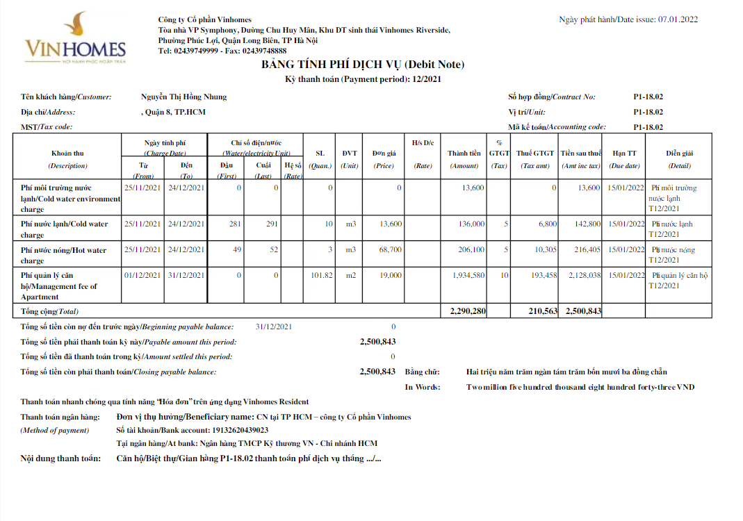 VIETNAM VINHOMES utility bill Word and PDF template